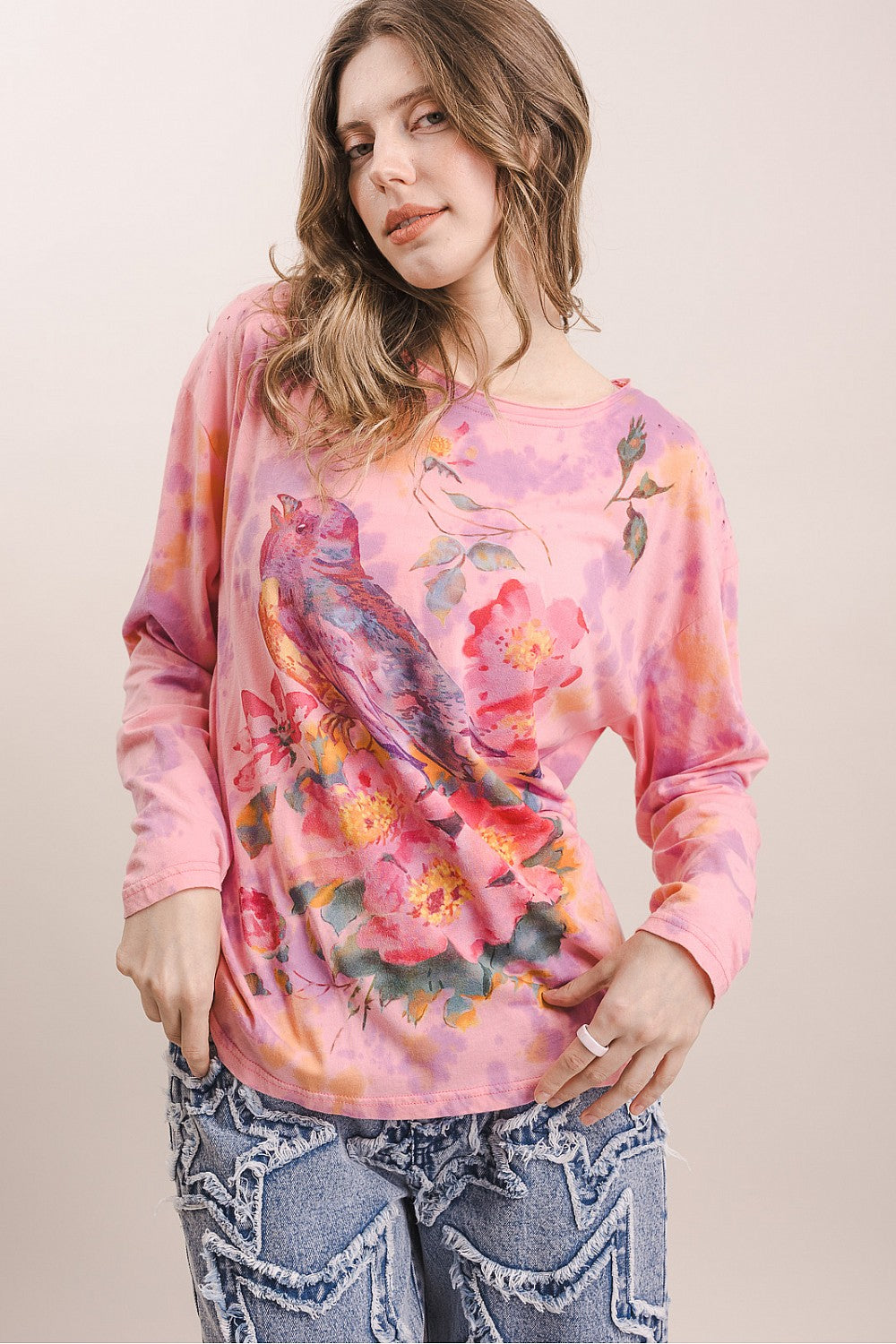 Boho tie dye long sleeve top with robin bird and floral print by BlueVelvet