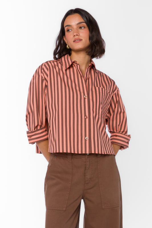 Lakehouse Stormi Blouse in Coral & Tamarind featuring coral and brown vertical stripes, cropped button-up styling, collar, chest pocket, and roll-tab sleeves.