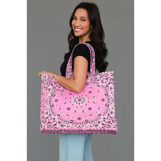 Pink Bandana Tote by Panache Apparel Co featuring a quilted cotton paisley print with shoulder straps, carry handles, and spacious interior.