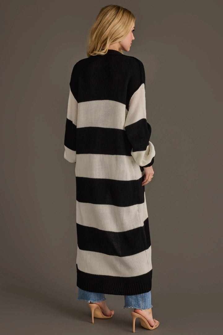 Back view of black and white striped 48 inch longline duster cardigan by Panache Apparel Co