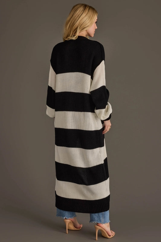 Back view of black and white striped 48 inch longline duster cardigan by Panache Apparel Co