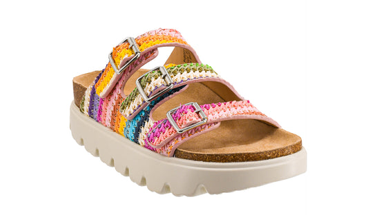 Corkys multi strap platform sandals with colorful woven straps, adjustable buckles, and cushioned footbed