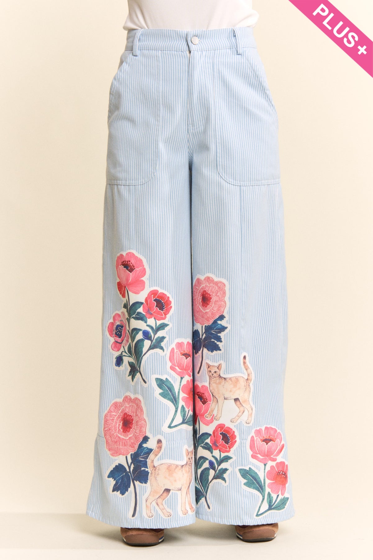 Davi & Dani light blue pinstripe wide leg pants with colorful floral and cat applique