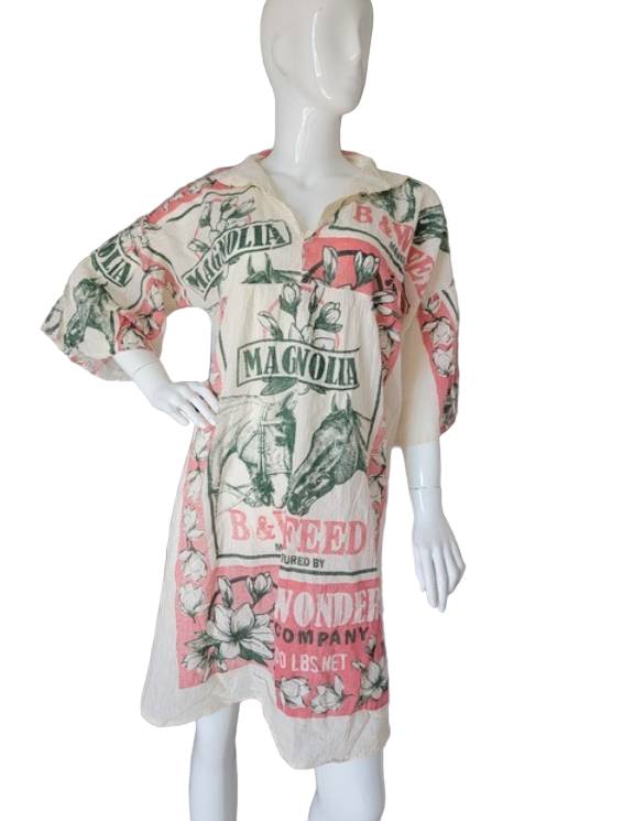 Vintage Magnolia Print boho shift dress with pink and green floral feed-sack graphic, worn as a dress or tunic.
