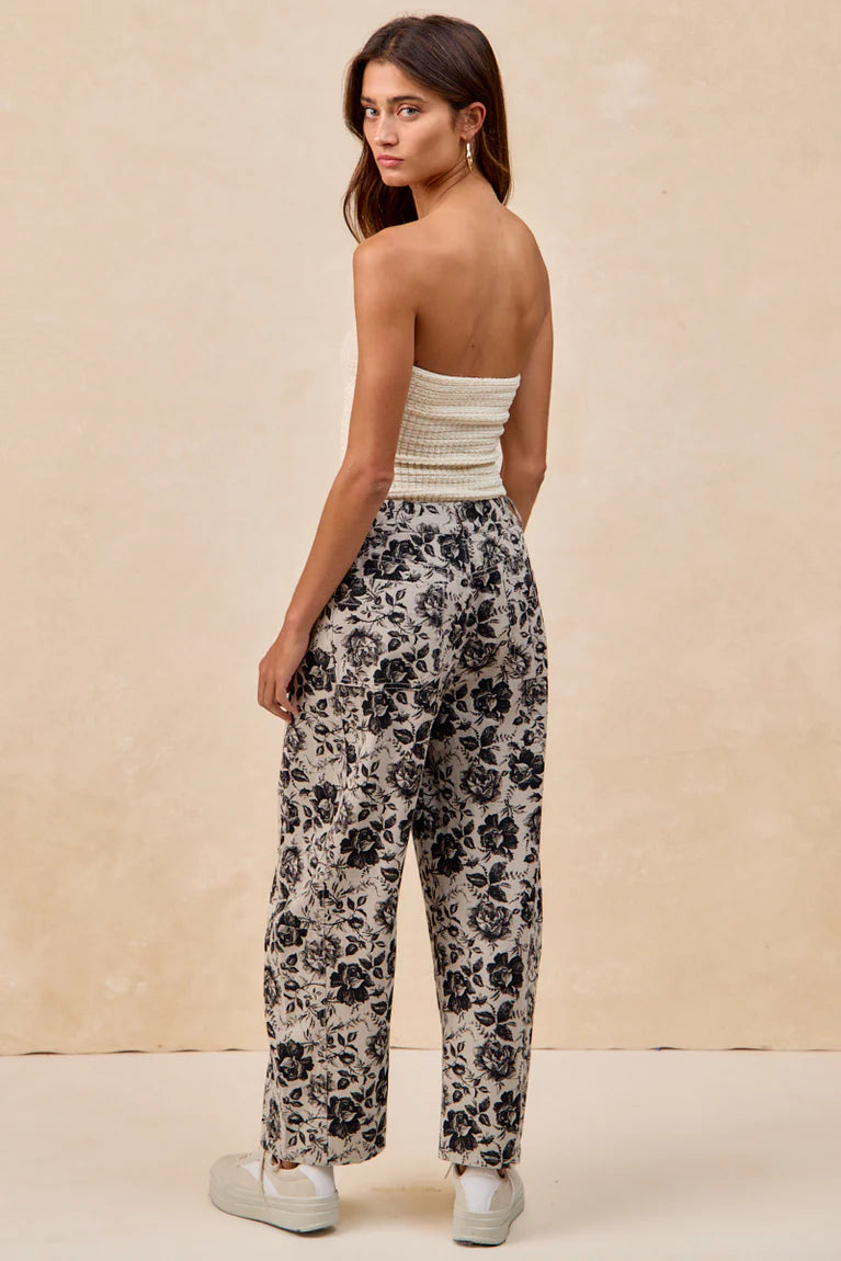 Grey twill, barrel style pants, with Black Roses by Bibi.