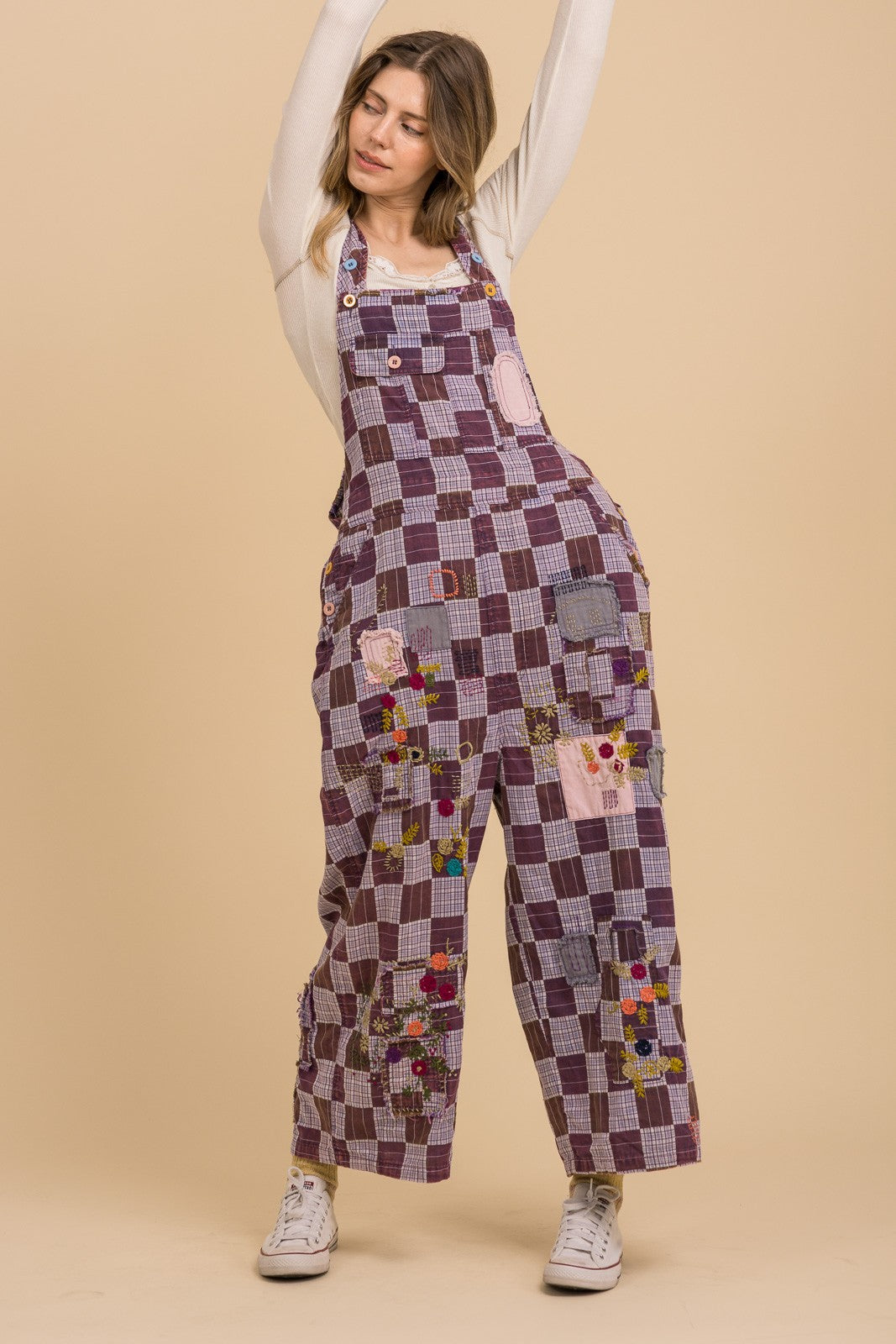 Harvest Muse Patchwork Boho Overalls – Blue Velvet