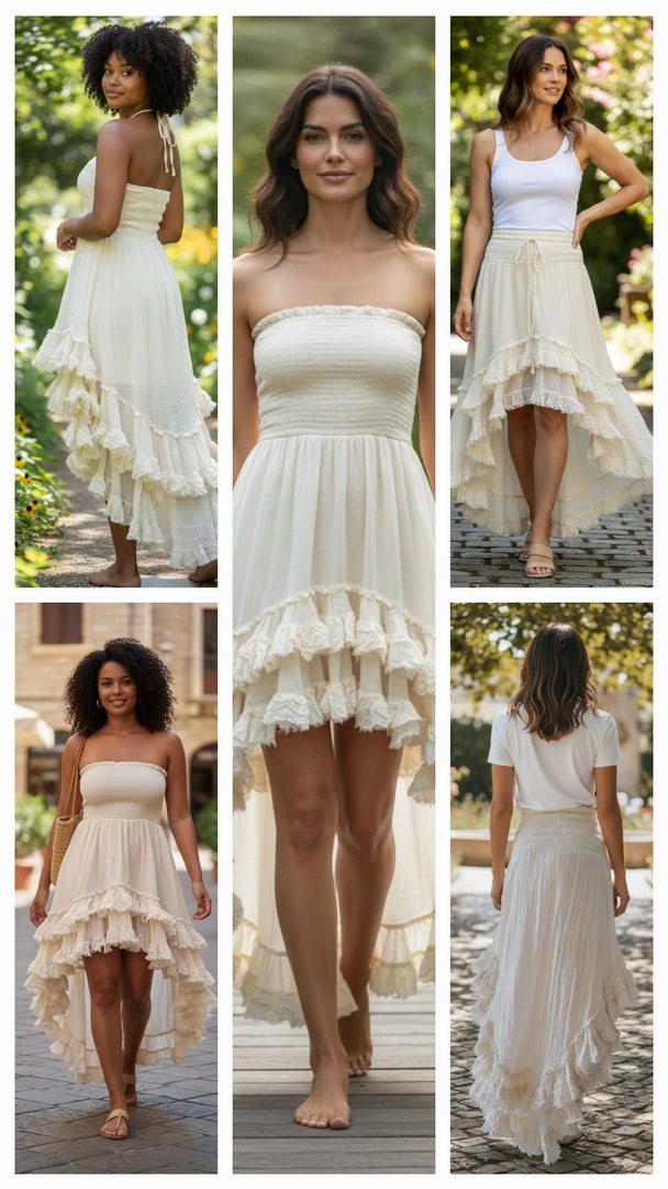 Flowing ivory 100% cotton convertible high-low dress with smocked bodice and layered lace ruffle hem, styled as both a strapless dress and maxi skirt.