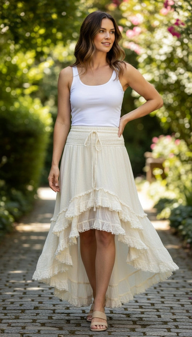 Flowing ivory 100% cotton convertible high-low dress with smocked bodice and layered lace ruffle hem, styled as both a strapless dress and maxi skirt.