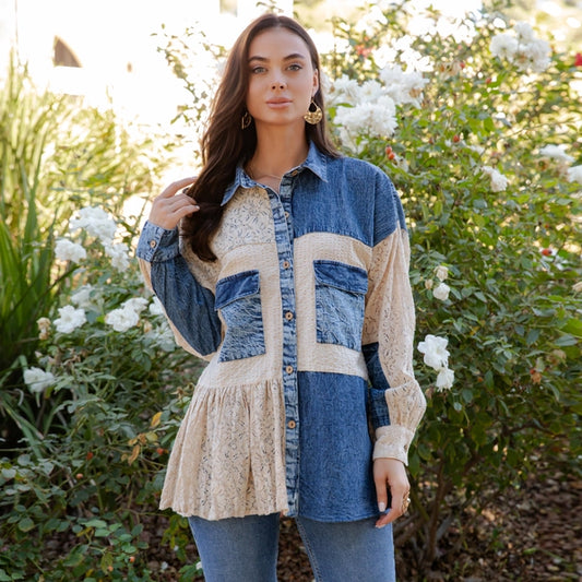 boho patchwork denim lace jacket top women
