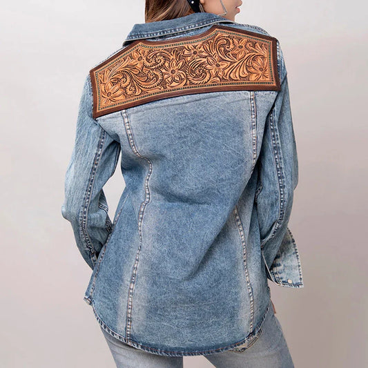 Tooled Leather Denim Top