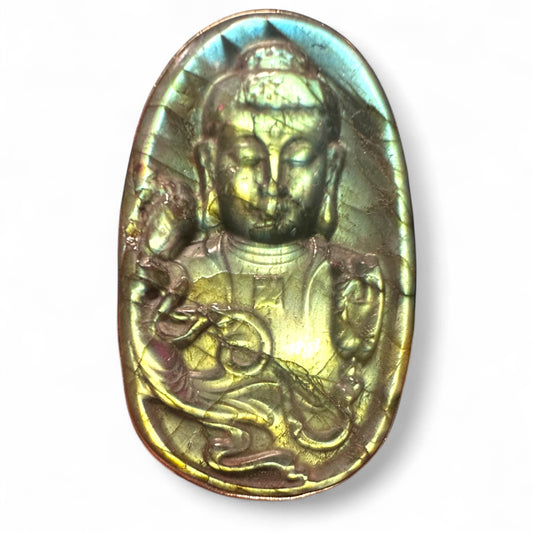 Oval-shaped labradorite stone with Buddha engraving set in  german silver adjustable ring. Statement Piece Jewlery by tara Gasparian
