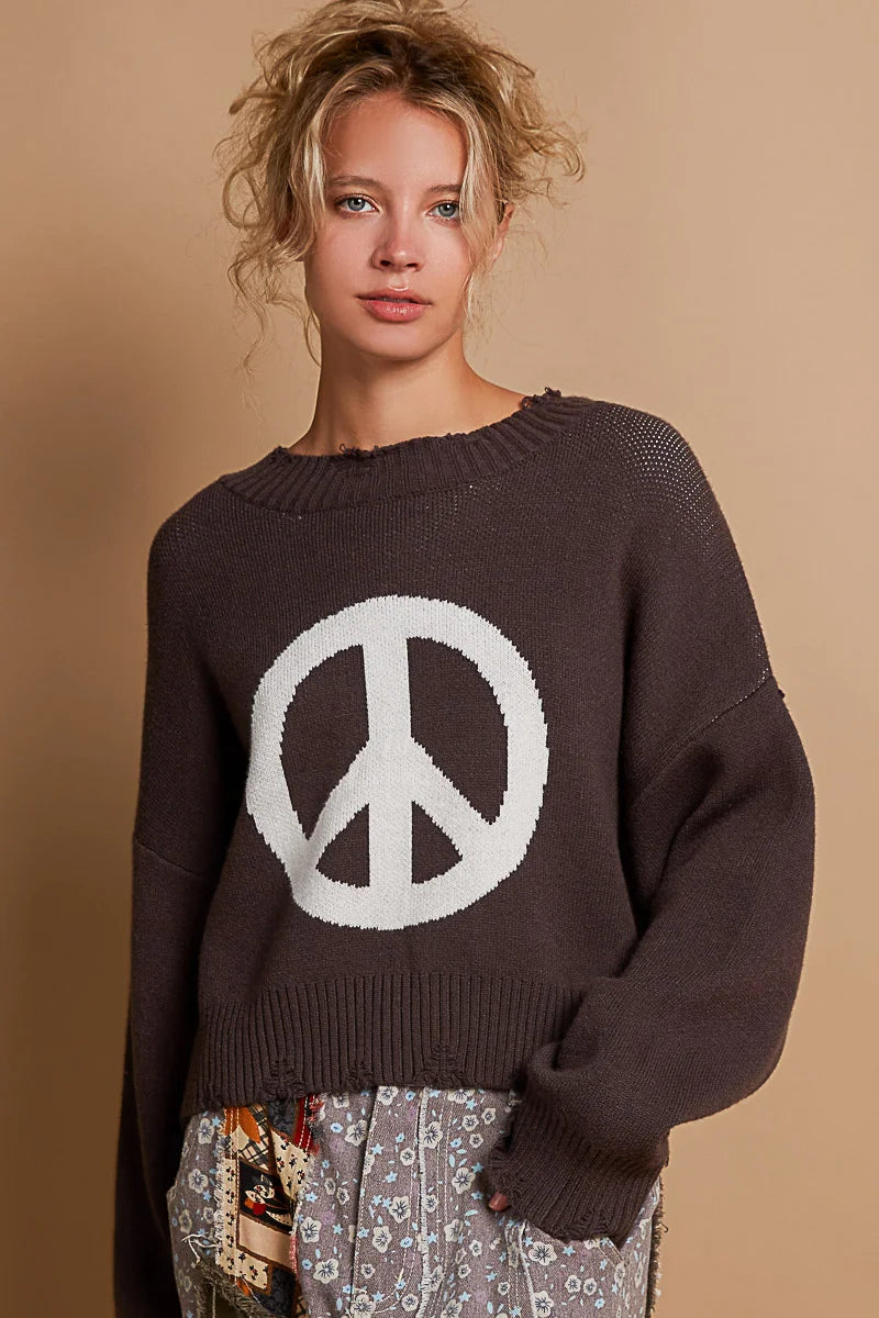 Pretty Peace oversized sweater by POL featuring distressed hem, sleeves, and neckline in a relaxed boho-chic fit
