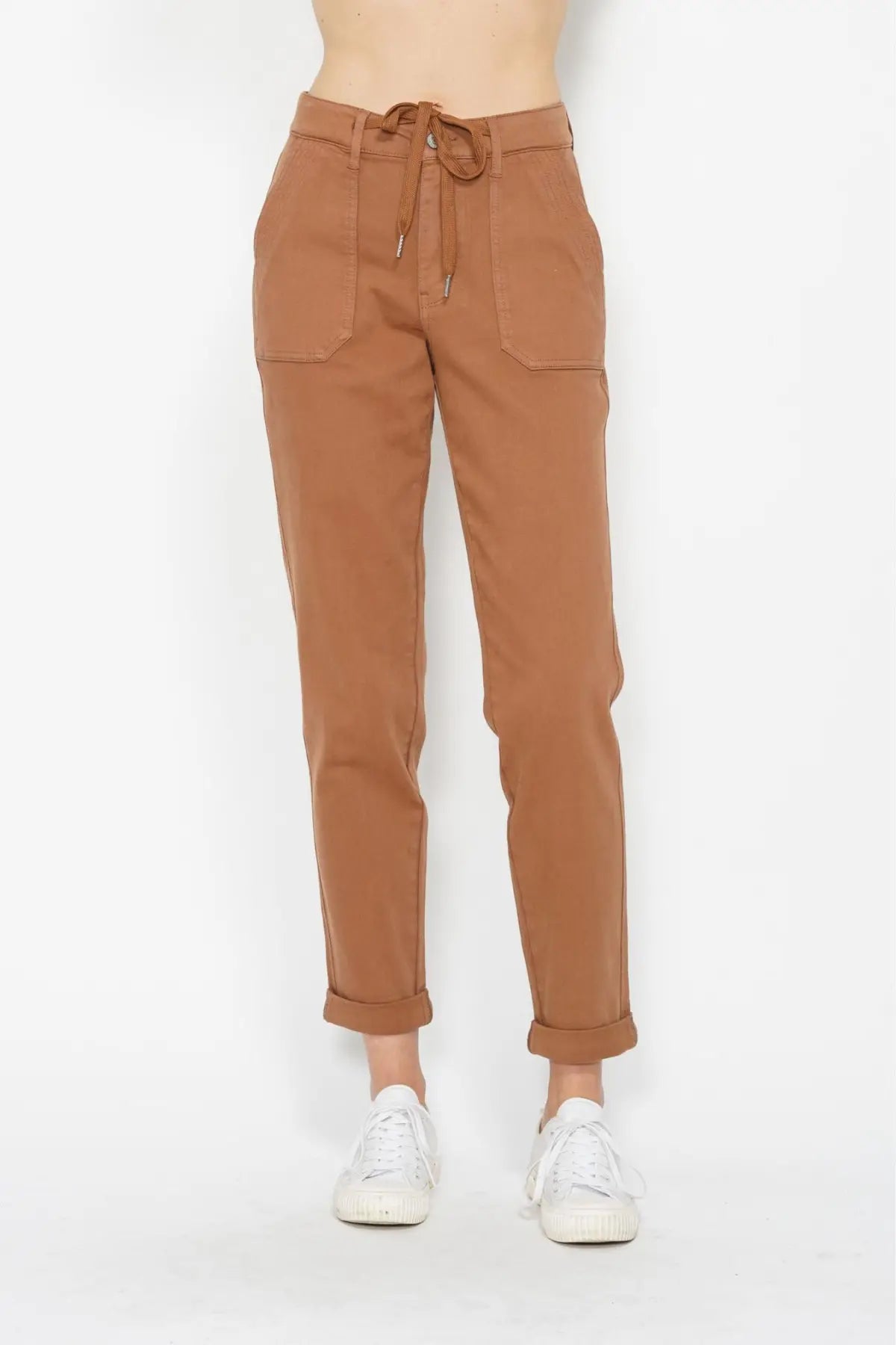 Chillax Joggers by Judy Blue in cinnamon brown shown front view
