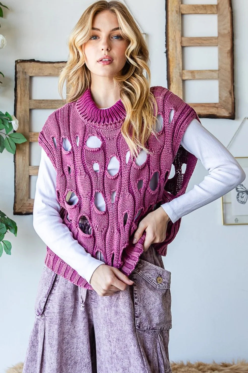 Magenta, Mineral Wash, Knit Sweater Vest with intentional holes. Fun Whimsical Layering Piece to wear back with a fund Denim jacket or Blazer. Would look great with a Mesh top underneath and worn by itself.