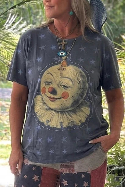 Oversized navy blue Jaded Gypsy Moon Wander tee featuring a vintage-style moon clown graphic with star print and distressed raw edge details