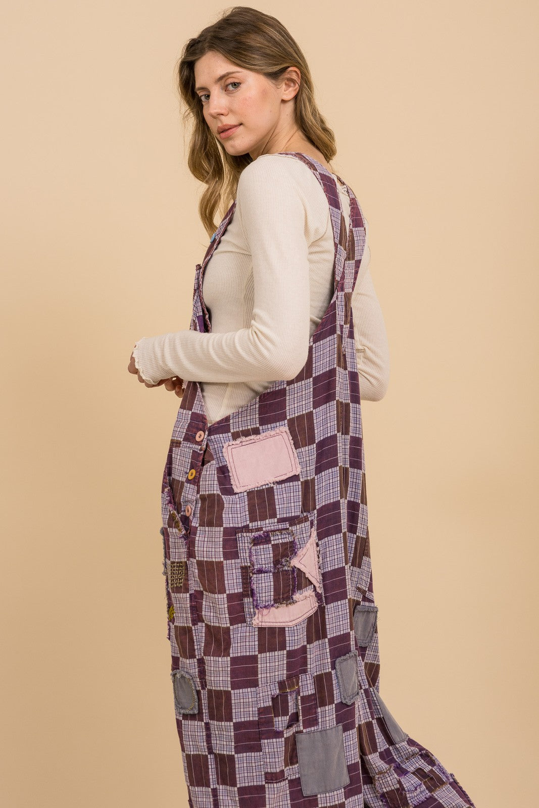 Harvest Muse Patchwork Boho Overalls – Blue Velvet
