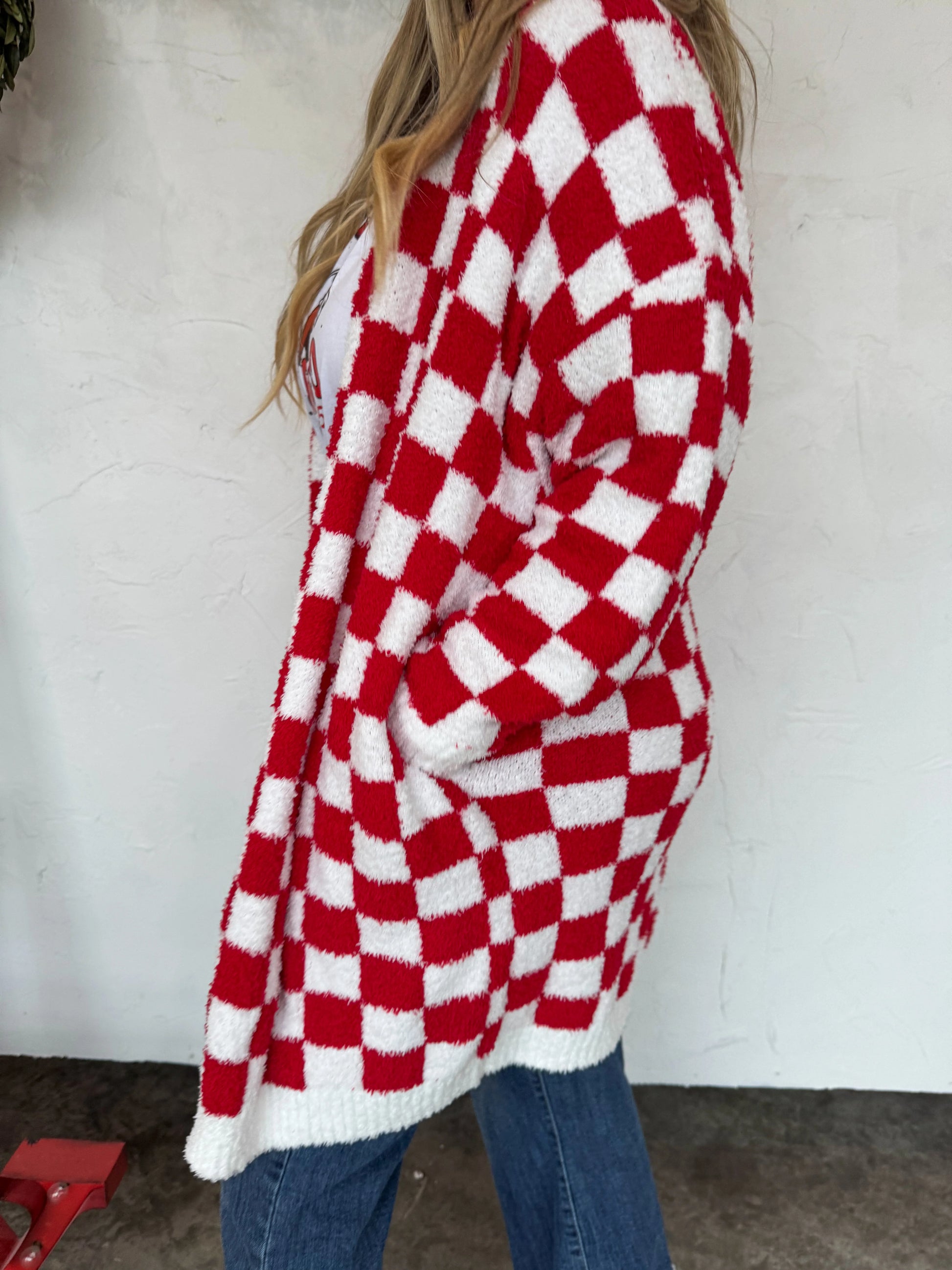 Ultra soft red and white checkered cloud cardigan by Blakeley worn with graphic tee and jeans