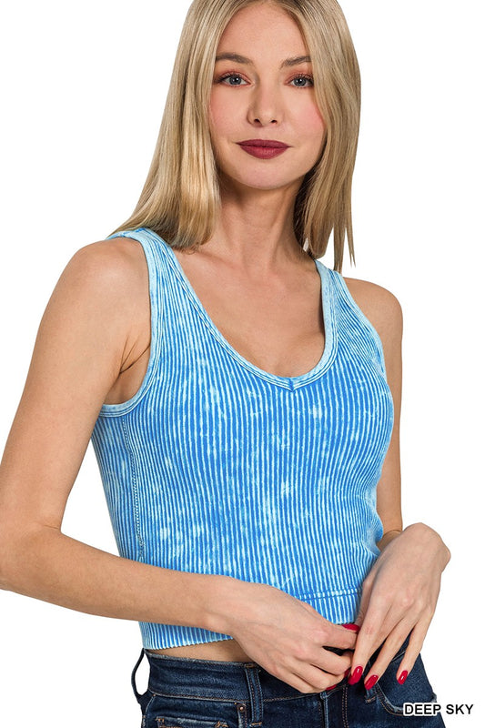 MULTI COLORS WASHED RIBBED SEAMLESS BRA PADDED V-NECK TANK TOP