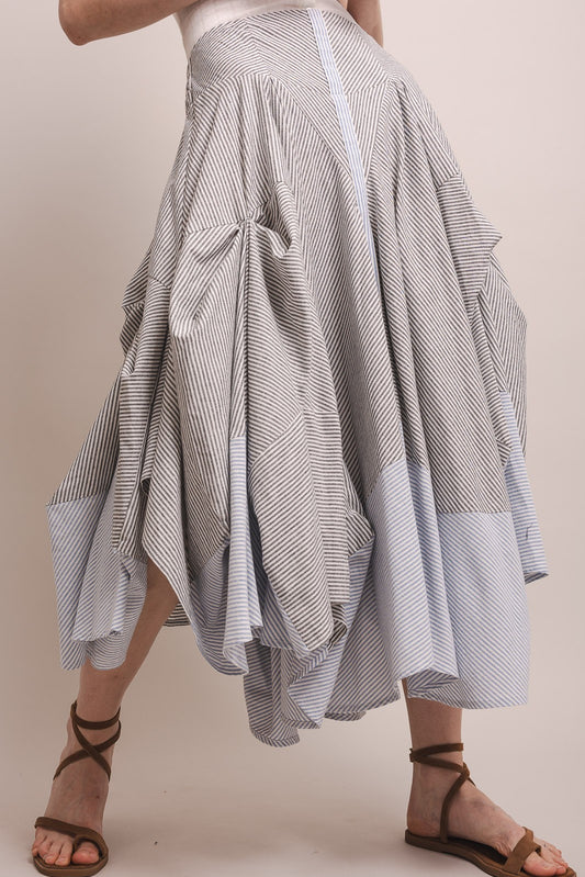 Flowy striped tiered maxi skirt with mixed stripe panels and elastic back waistband