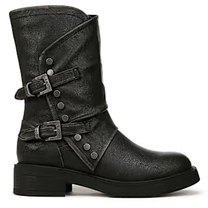 Venice 2 Boot by Blowfish Malibu featuring black vegan leather, decorative buckle straps, studded moto details, and a round toe.