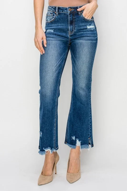 High-rise ankle flare jeans in medium wash by Risen with soft stretch denim and modern flattering fit.
